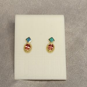 14K Yellow Gold Padparadscha Sapphire & Inlaid Opal Earrings